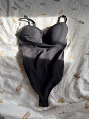 SKIMS Black Lace-Trim Shaping Bodysuit